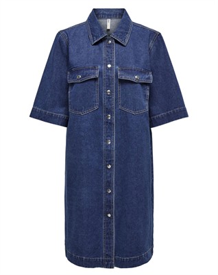 Only - Belle Button Denim Kjole - Dark Blue Denim
